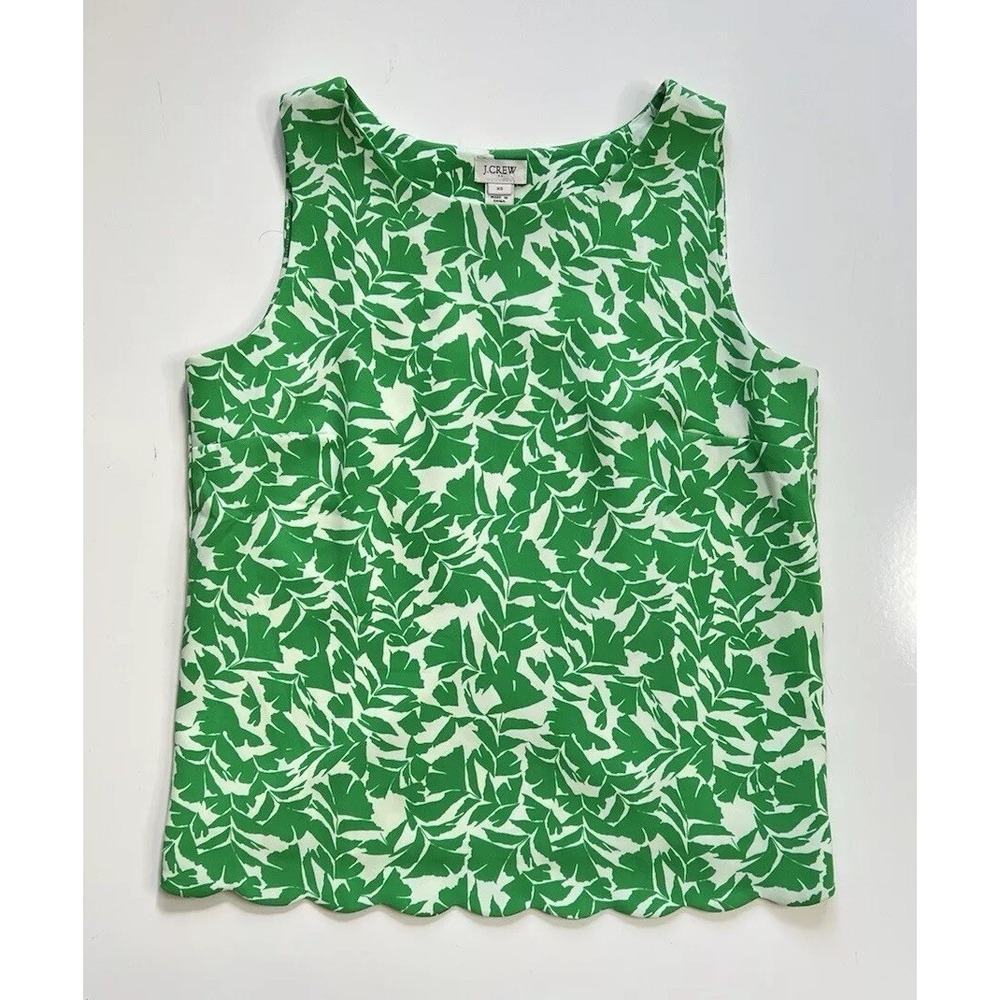 J.Crew Scalloped Hem Top Green White Floral Overlap Back / Womens XS